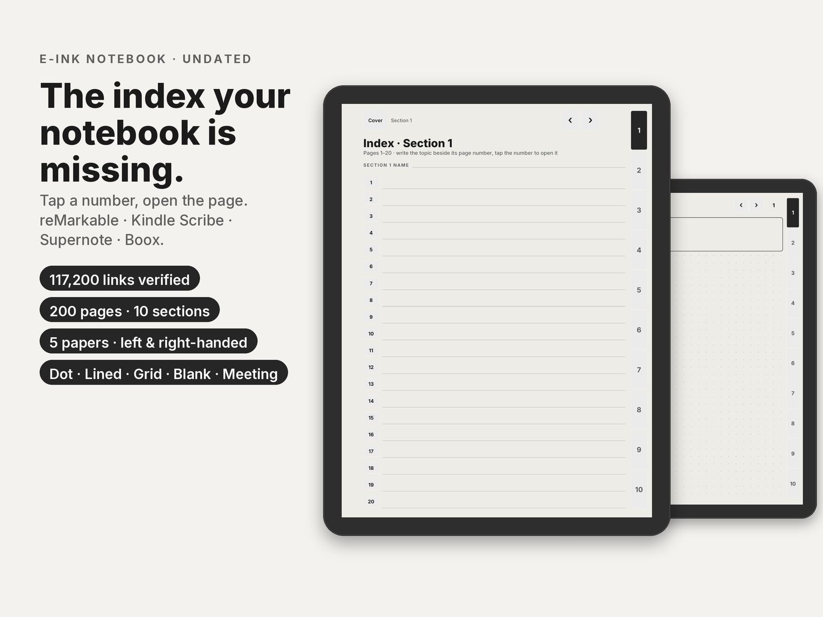 Graphite Notebook index page and a dot-grid page on two e-ink tablets